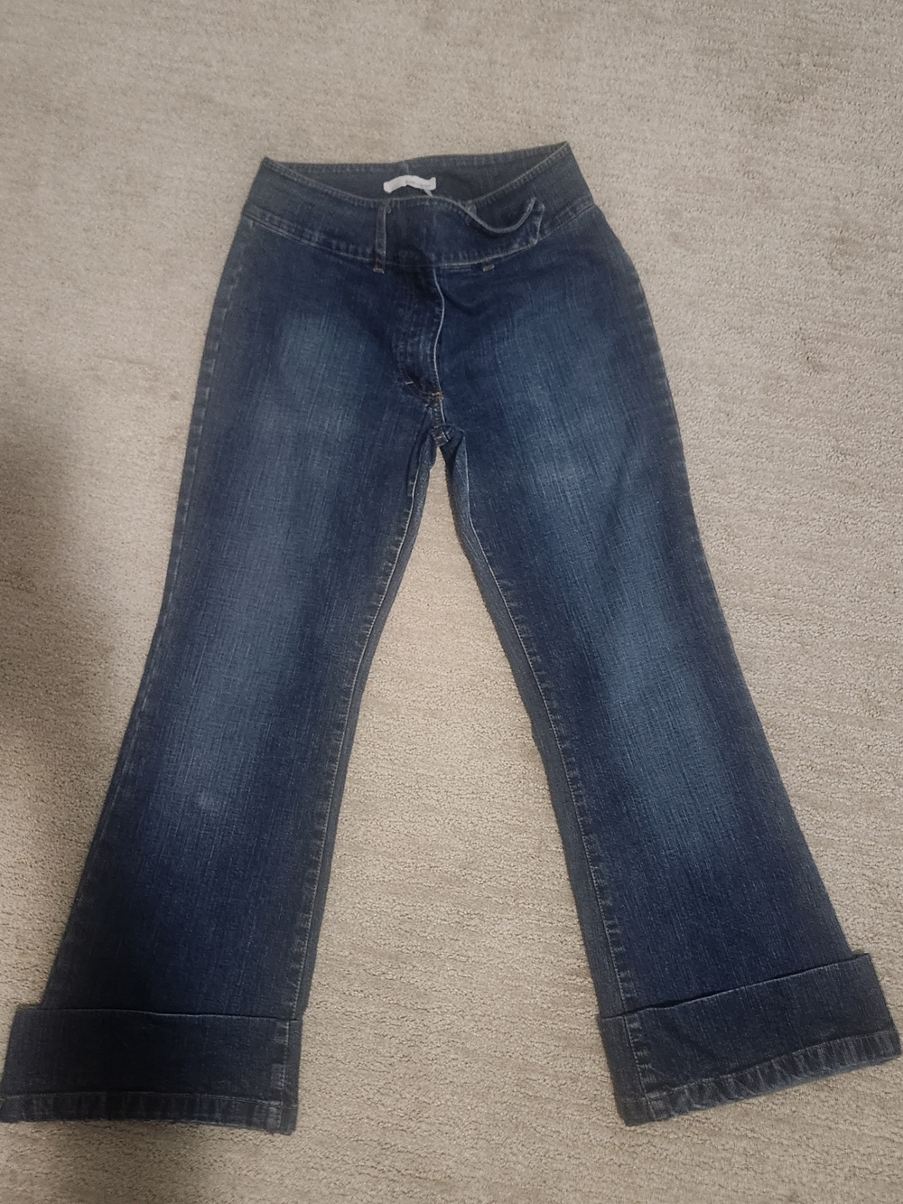 Classic Dark Blue Flare Jeans with Cuffed Hem